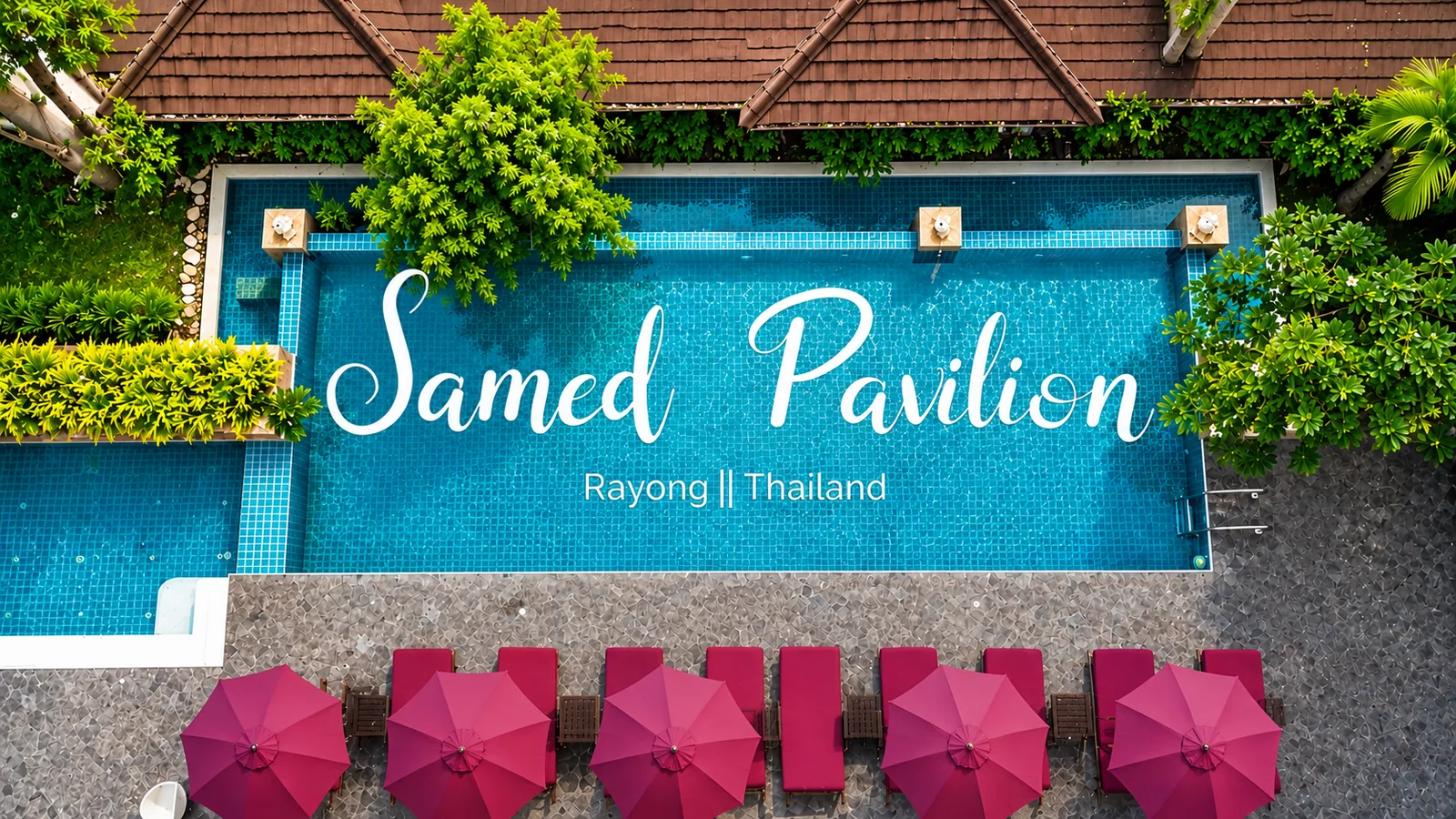 Welcome sign and swimming pool at Samed Pavilion Resort