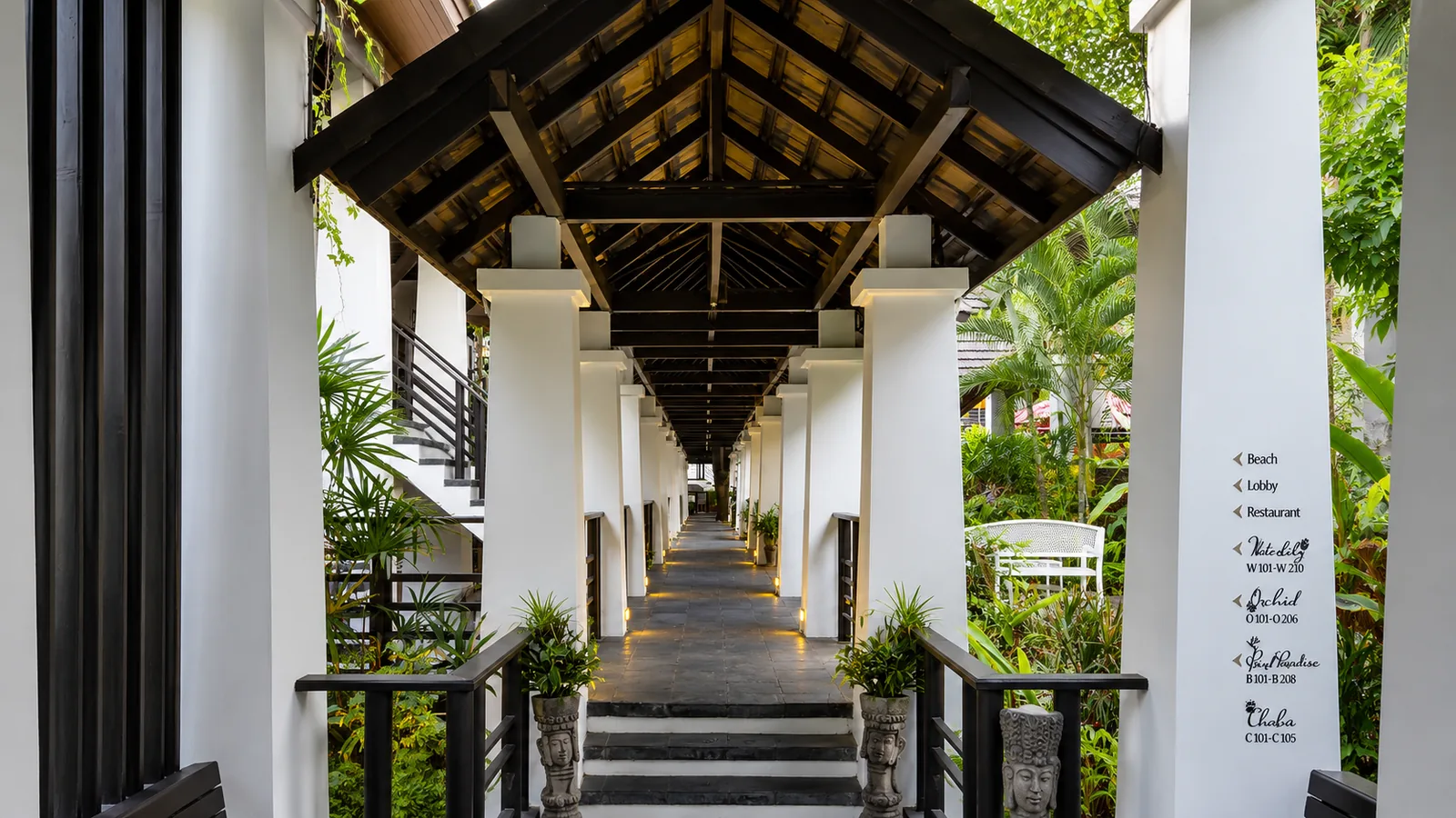 Covered pavilion walkway through the resort