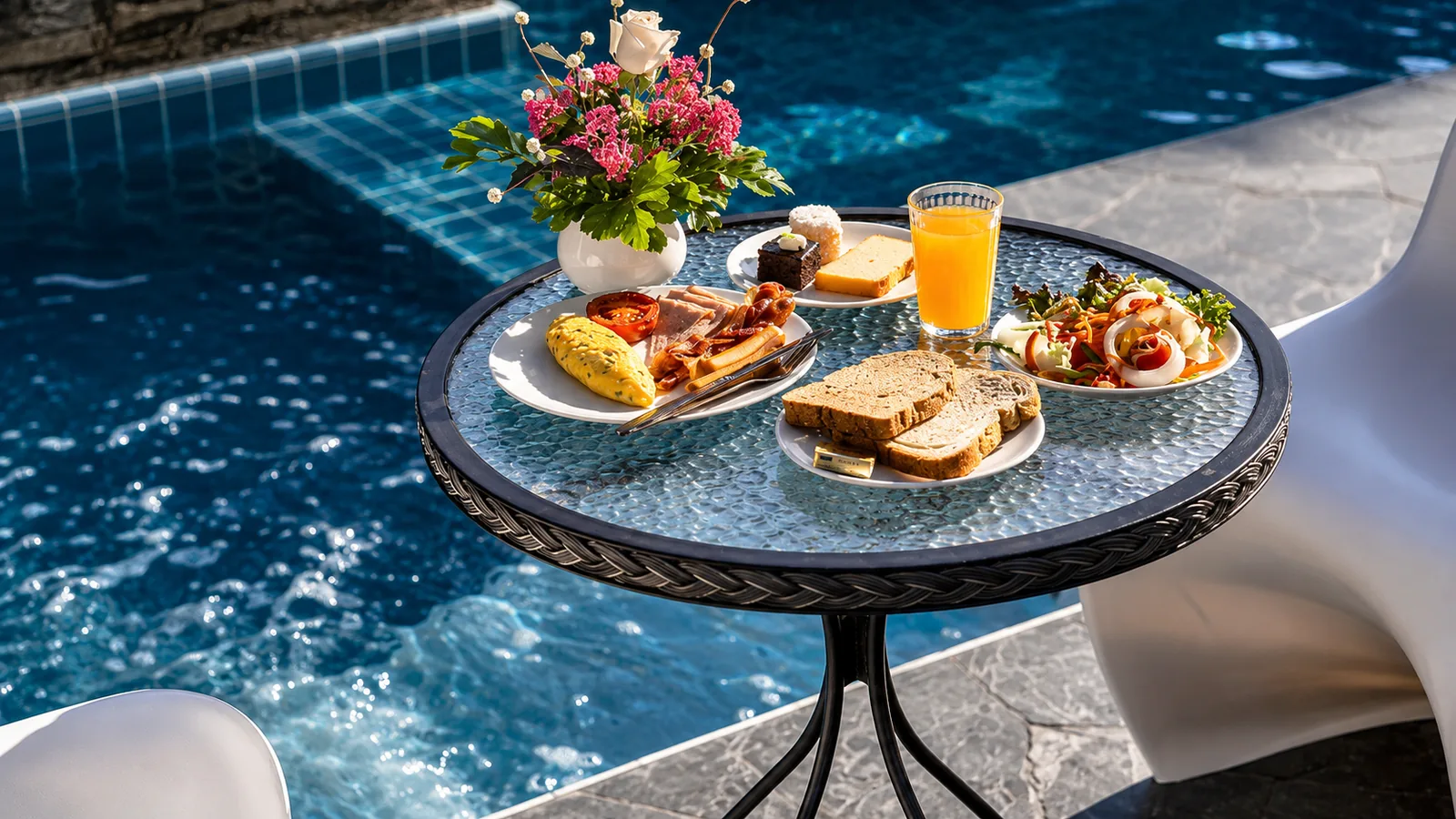 Breakfast and drinks served by the swimming pool