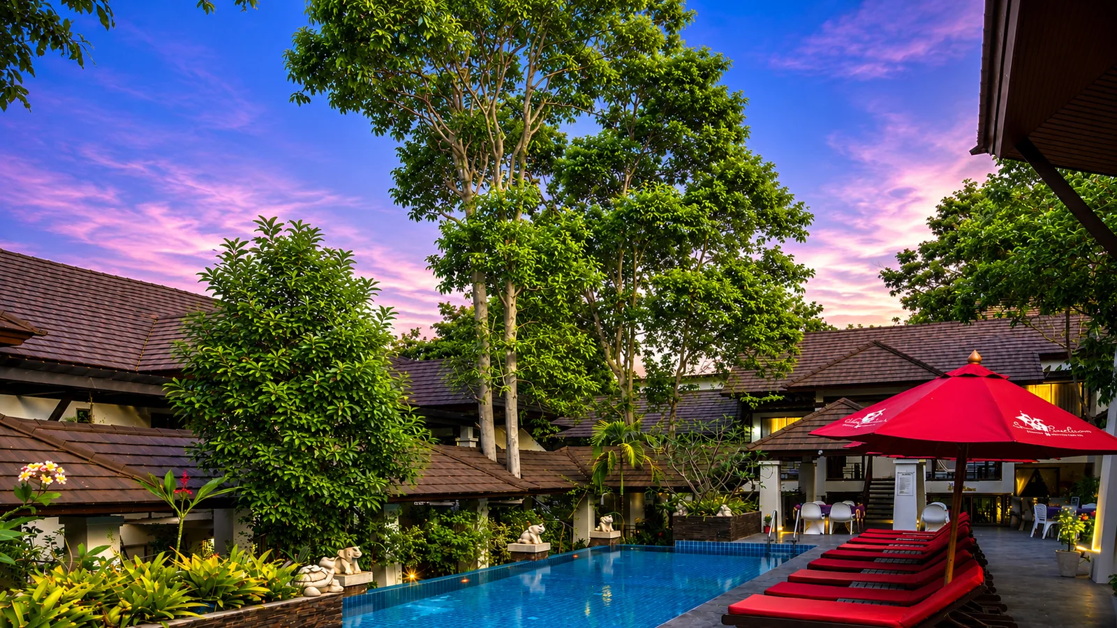 Swimming pool and garden in evening light